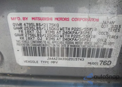 2016 Mitsubishi Outlander Es/Se/Sel z USA, uszkodzony, nr VIN JA4AZ3A33GZ015743